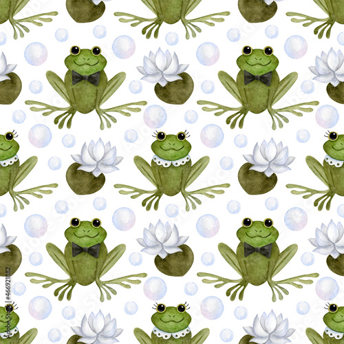 Watercolor green frogs and white water lilies seamless pattern. Fancy wedding decoration background. Cute amphibians party in a swamp. Kids fabric and wallpaper texture