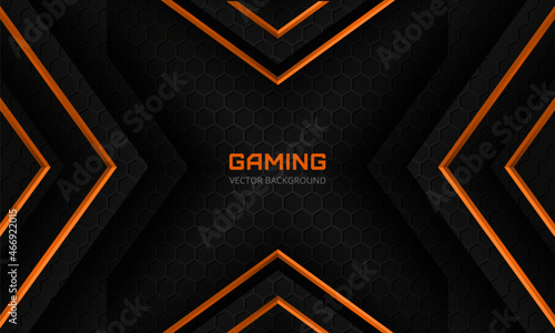Futuristic black and orange abstract gaming banner design template with hexagon carbon fiber. Dark tech hexagonal concept vector background for game banner and cyber sport poster.