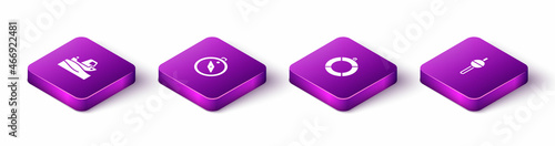 Set Isometric Fishing boat on water, Compass, Lifebuoy and float icon. Vector