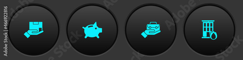 Set Delivery insurance, Piggy bank, Hand holding briefcase and Fire burning house icon. Vector