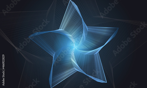 Abstract blue star shape from lines on black background. Luxury 3d vector illustration.