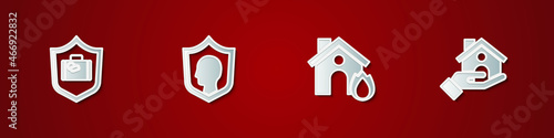 Set Travel suitcase with shield, Life insurance, Fire burning house and House icon. Vector