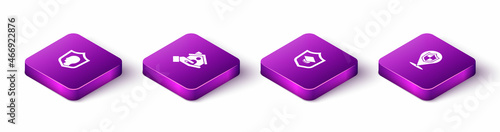 Set Isometric Life insurance with shield, House, Graduation cap and Location icon. Vector