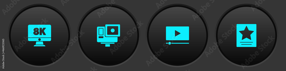 Set Monitor with 8k, Action extreme camera, Online play video and Hollywood walk of fame star icon. Vector Set Monitor with 8k, Action extreme camera, Online play video and Hollywood walk of fame star icon. Vector