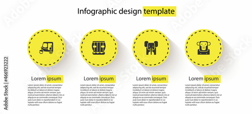 Set Taxi tuk tuk, Instrument tabla, Elephant and Monkey. Business infographic template. Vector