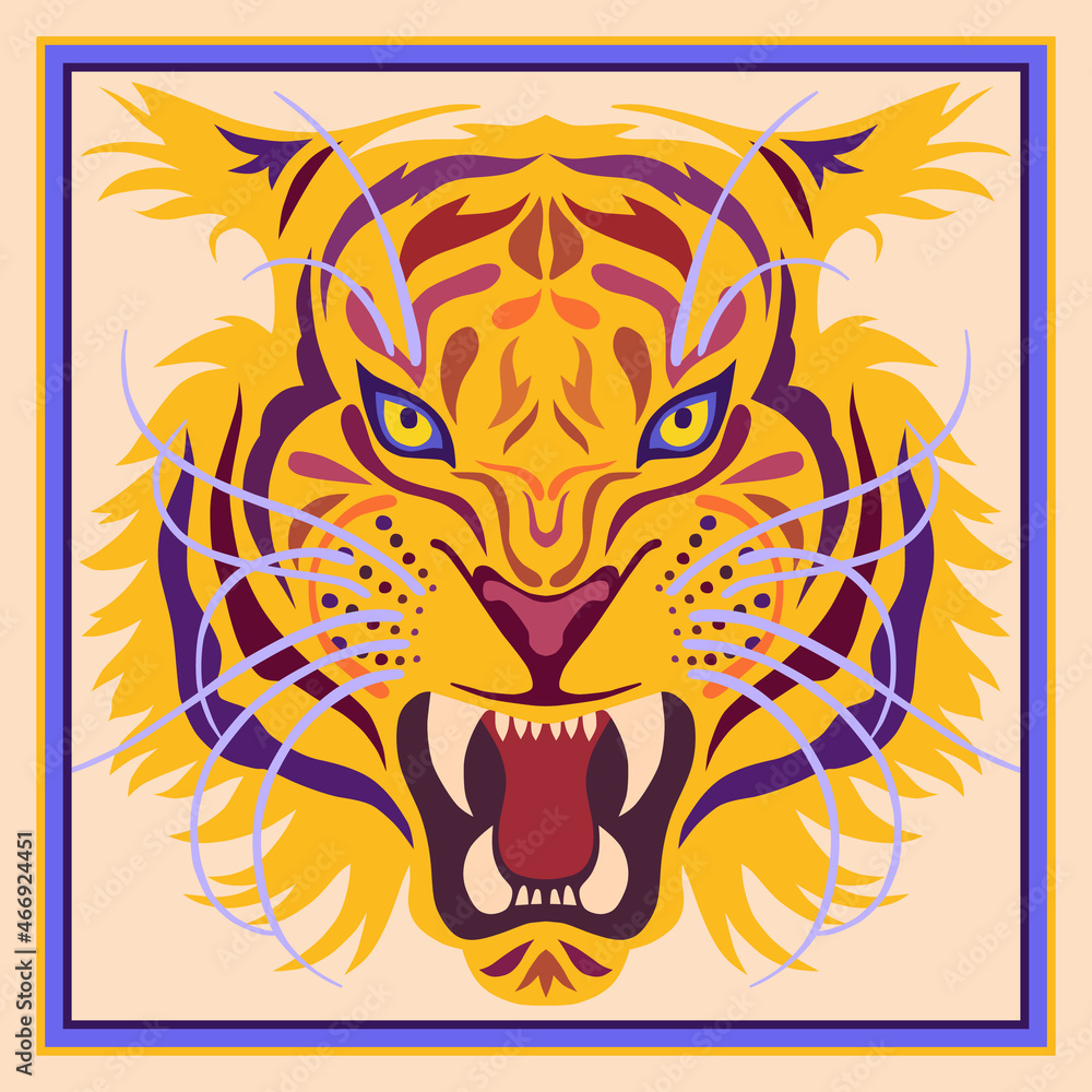 Fototapeta premium Scarf pattern design with black night tiger head. Background with wild animal. Can be used for logo, sign, icon card, Bandana print, kerchief design, napkin.