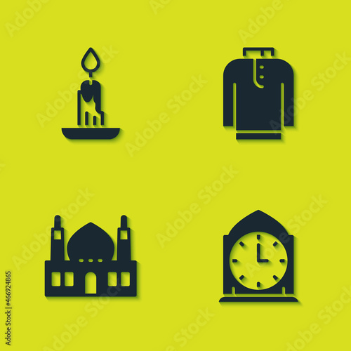 Set Burning candle, Clock, Muslim Mosque and Shirt kurta icon. Vector
