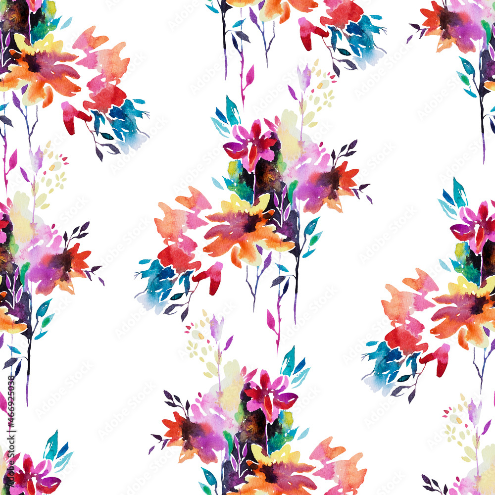Abstract watercolor florals in bloom. Seamless pattern made of blurred flowers isolated on white. Summer nature background made of bouquets of garden flowers and plants. Design for fabric and textile.