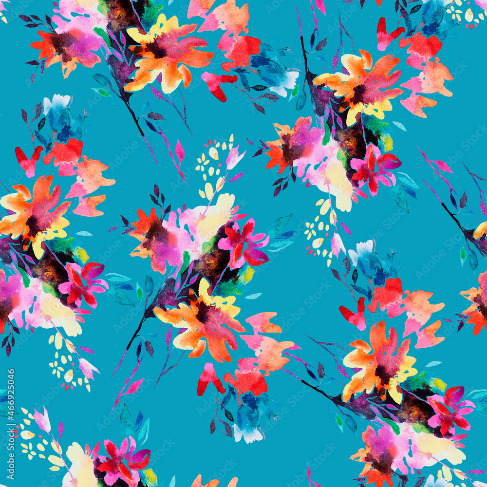 Abstract watercolor flowers in bloom. Seamless pattern made of blurred flowers. Summer nature background made of bouquets of garden flowers, herbs and plants. Fashion design for fabric and textile.