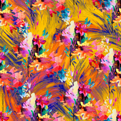 Watercolor meadow flowers in bloom. Seamless pattern made of summer blurred flowers on abstract hatching texture. Sophisticated fashion background designed for fabric and textile. © Galakam