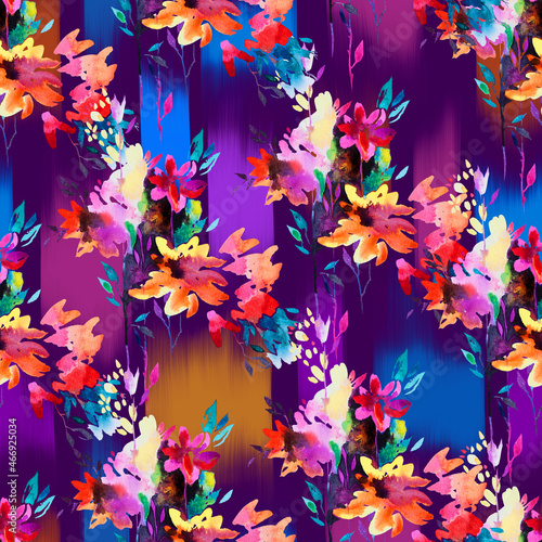 Watercolor meadow flowers in bloom. Seamless pattern made of summer blurred flowers mixed with abstract brush strokes background. Sophisticated fashion design for fabric and textile.