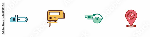 Set Chainsaw, Electric jigsaw, Angle grinder and Circular blade icon. Vector