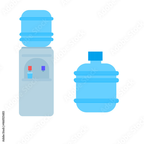 Water cooler and  gallon.Office water dispenser.Blue bottle with lid.Plastic and liquid.Drinking concept.Vector illustration.Sign, symbol, icon or logo isolated.Clipart.Flat design.