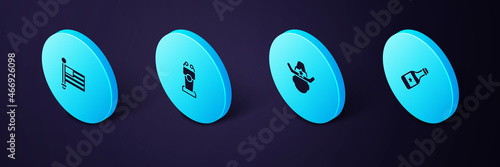 Set Isometric Champagne bottle, Sheriff cowboy, Stage stand or tribune and American flag icon. Vector