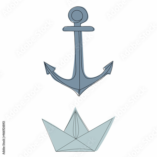anchor and paper ship sketch, isolated, vector