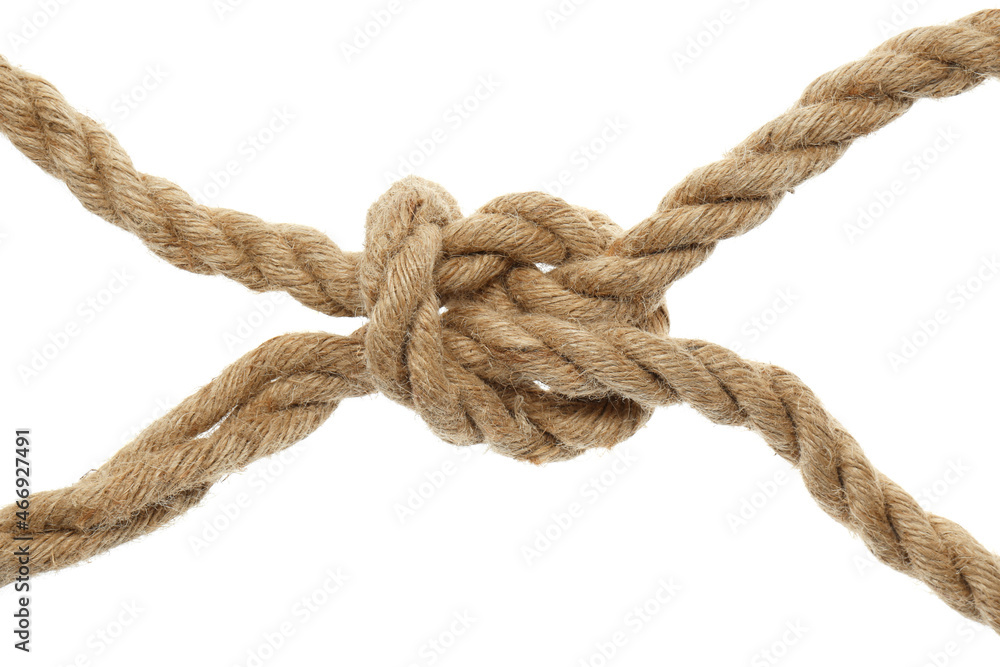 Fototapeta premium Hemp rope with square knot on white background