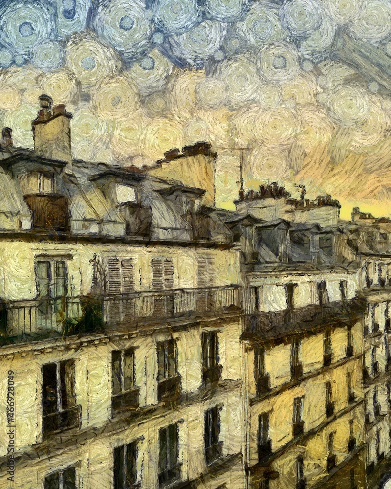 Naklejka premium France, Paris painting art. Big sie, adaptive for print or graphic work. Postcard, poster, wall art template. Stylized in Vincent Van Gogh paintings style. Europe touristic place. Traveling artwork.