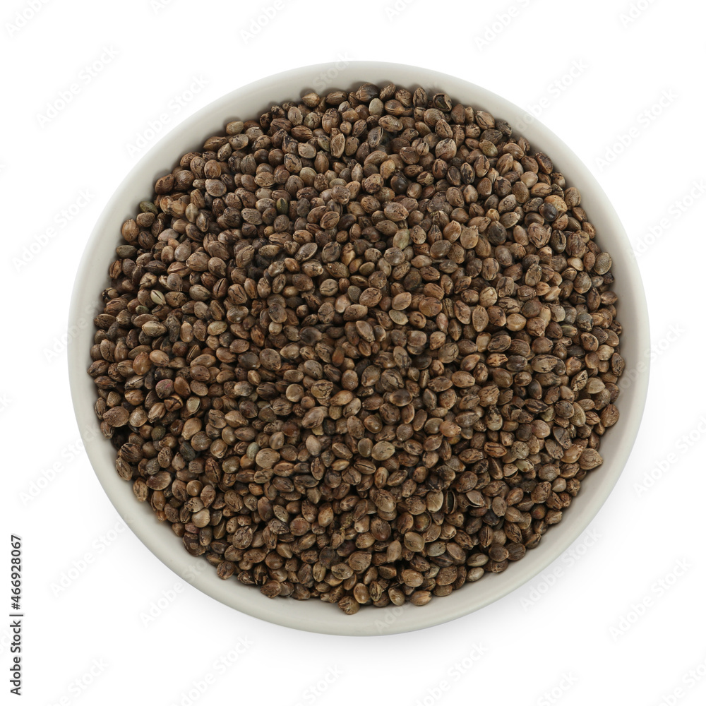Ceramic bowl with chia seeds isolated on white, top view. Cooking utensil Ceramic bowl with chia seeds isolated on white, top view. Cooking utensil