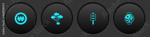 Set South Korean won coin, Bonsai tree, food tokpokki and Ramen icon. Vector