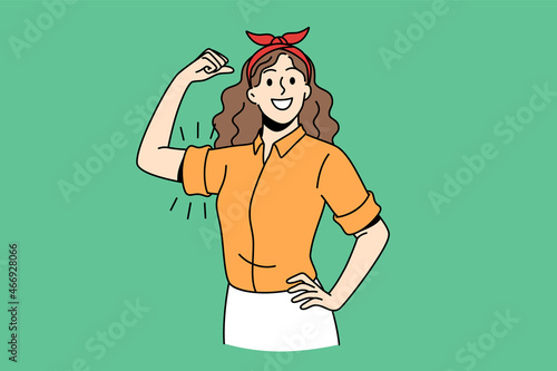 Feminism, self confidence of woman concept. Young smiling girl cartoon character standing showing biceps feeling confident strong vector illustration 