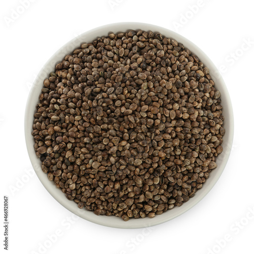Ceramic bowl with chia seeds isolated on white, top view. Cooking utensil