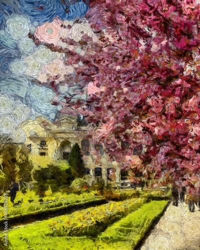 France, Paris painting art. Big sie, adaptive for print or graphic work. Postcard, poster, wall art template. Stylized in Vincent Van Gogh paintings style. Europe touristic place. Traveling artwork.