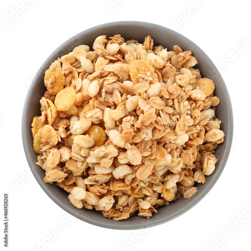 Ceramic bowl with granola isolated on white, top view. Cooking utensil