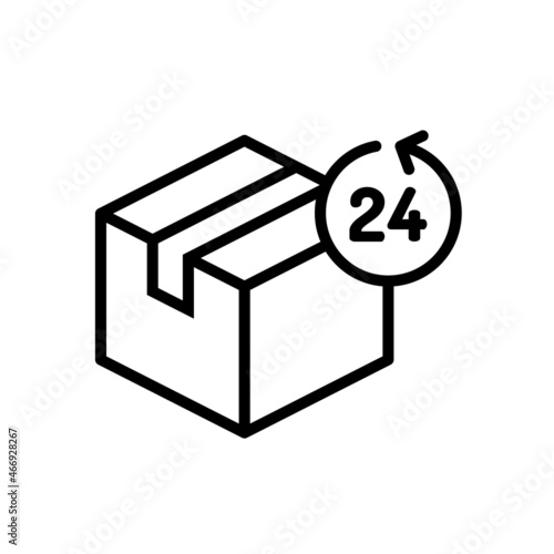 24 hour delivery icon. Shipment within one day. Cardboard box with time circle arrow. Fast delivering symbol. Online shopping free returns. Express shipping order. Vector illustration, flat, clip art.