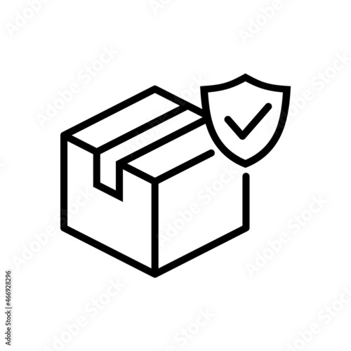 Secure delivery icon. Package box with shield symbol. Check mark tick inside shield. Track order, safe shipping symbol. Product delivery guarantee protection. Vector illustration, flat, clip art. 