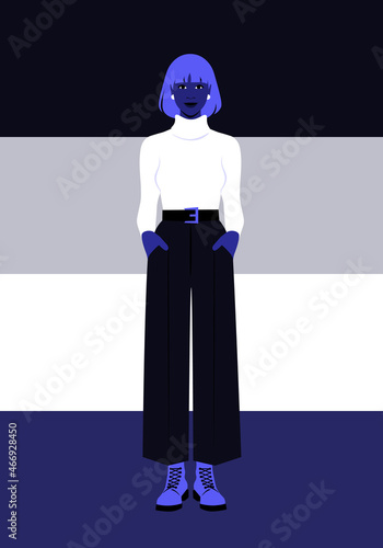 Portrait of a full-length woman on Asexual flag colours background. Symbol of asexuality. LGBTQIA+ Vector flat illustration photo
