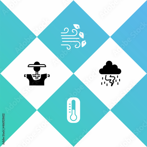 Set Scarecrow, Thermometer, Windy weather and Storm icon. Vector