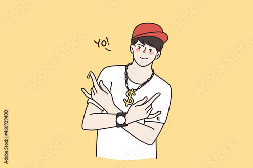 Young Caucasian guy rapper show Yo hand gesture. Smiling cool man gangster or hip hop dancer singer act perform. Subculture, urban style concept. Rap culture. Flat vector illustration. 