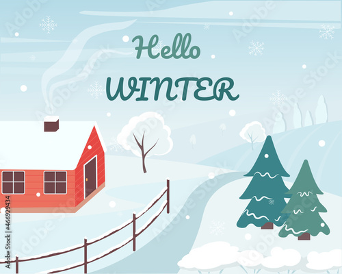 Winter landscape with house and trees. Seasonal countryside landscape. Vector illustration card template