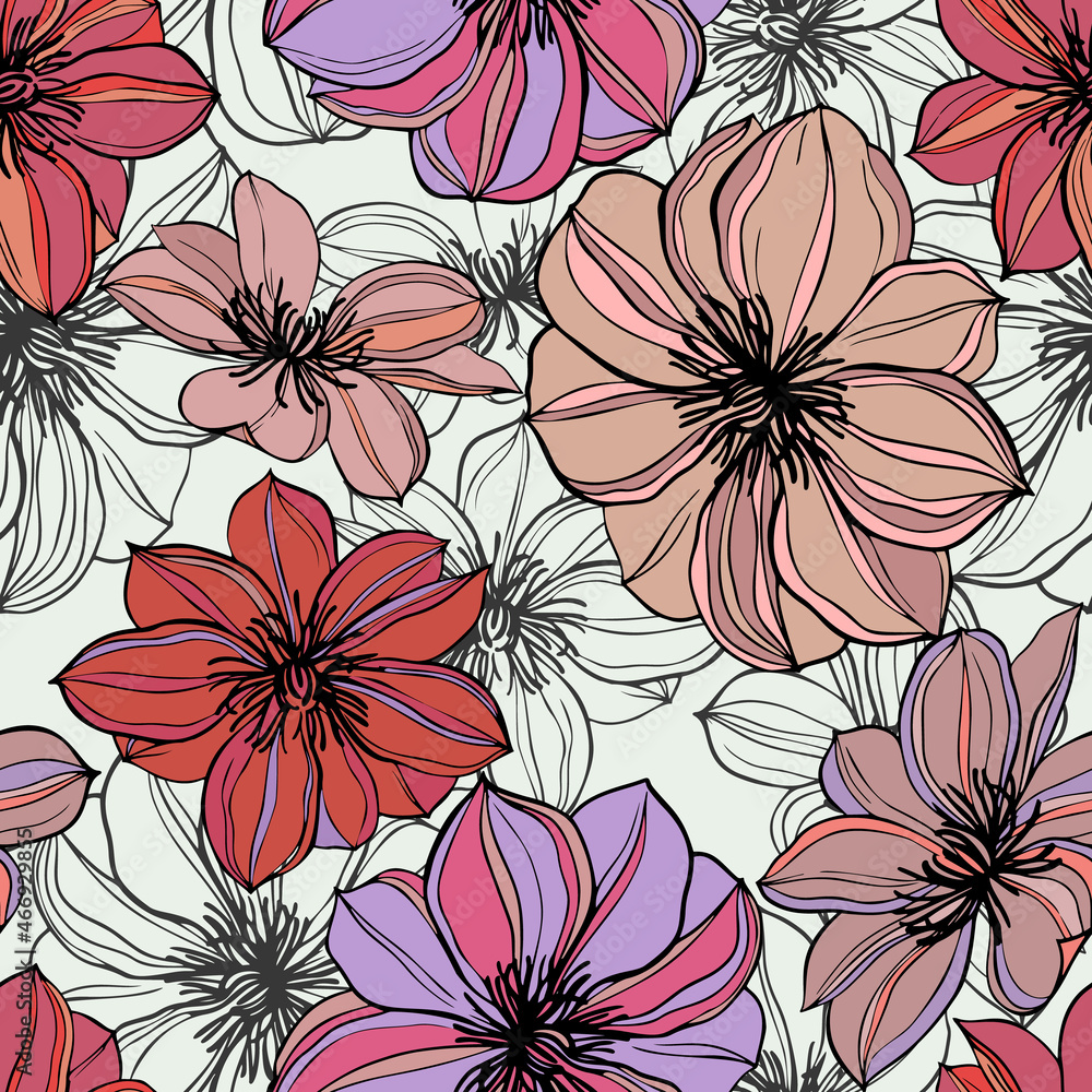 custom made wallpaper toronto digitalAbstract large flower buds in bloom. Floral seamless pattern, summer motif. Outline detailed sketch drawing. Flat design, line art. Botanical background for fabric, textile, wallpaper and wrapping.