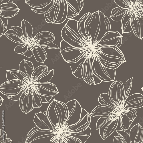 Abstract large flower buds in bloom. Floral seamless pattern, summer motif. Outline detailed sketch drawing. Flat design, line art. Botanical background for fabric, textile, wallpaper and wrapping.