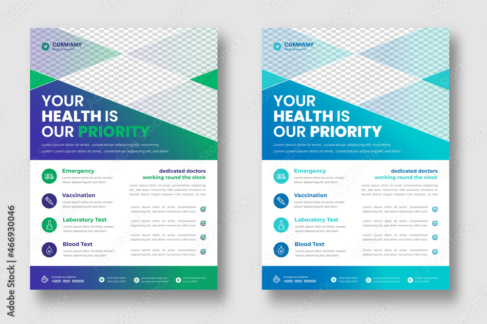 Obraz premium Modern Medical Flyer Template Design with green and blue color. Healthcare business flyer Template, Medical and healthcare modern flyer template. health doctor flyer design.