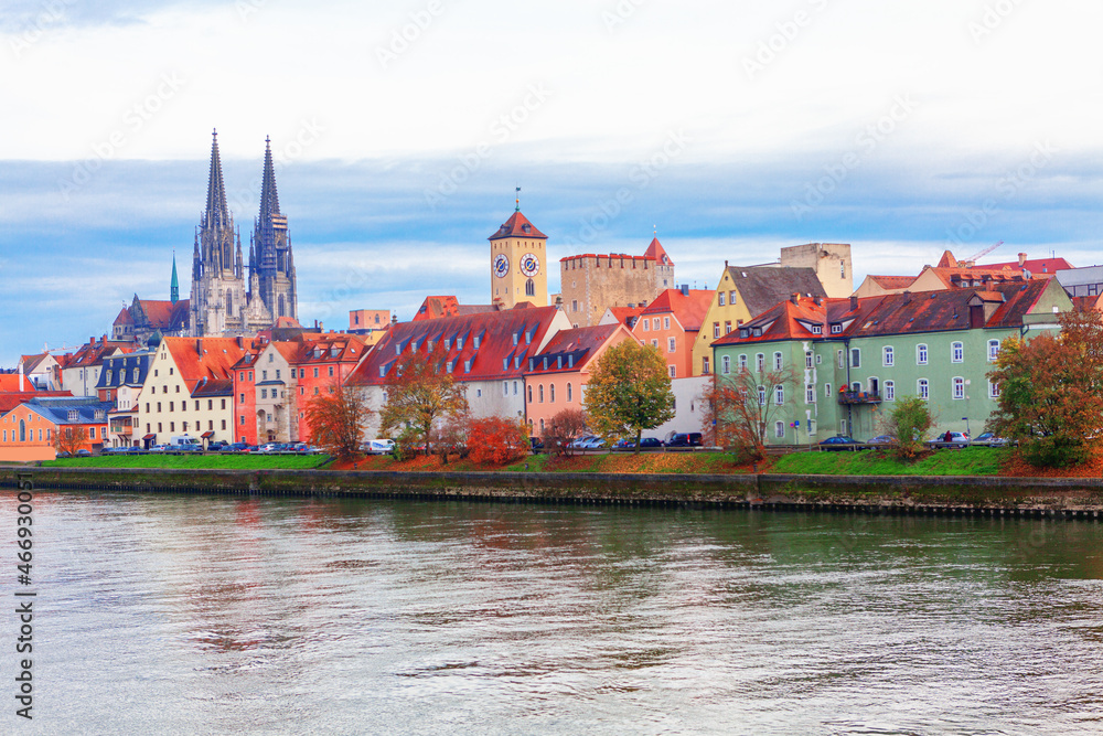 Old German Town situated at Danube riverside . Regensburg Bavaria Germany landscape . Saint Peter's Church and the Regensburg Town