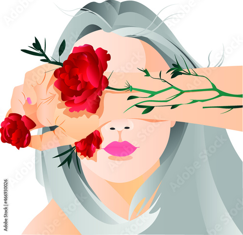 The girl print with veins in the form of scarlet roses covers her face