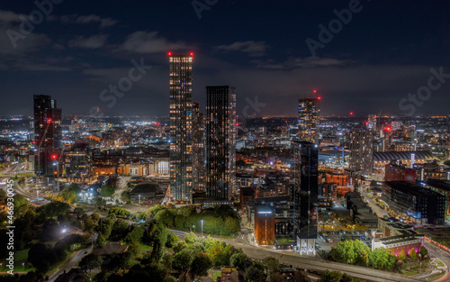 Billede på lærred Deansgate Square and Manchester England, modern tower block skyscrapers dominating the Manchester city centre landscape taken at night,