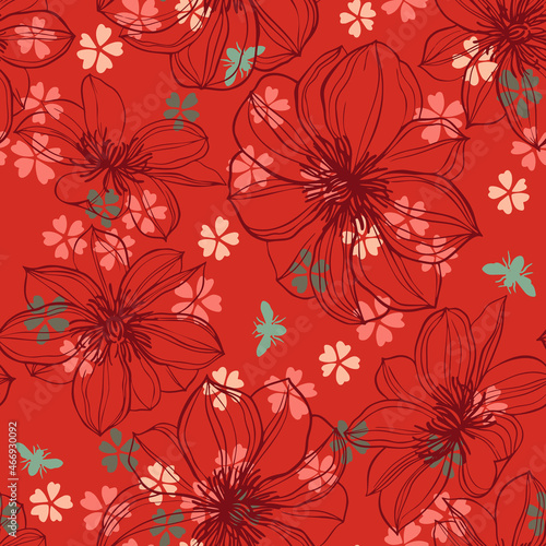 Abstract large flower buds in bloom mixed with plain meadow daisies. Floral seamless pattern summer motif. Outline sketch drawing. Flat design, line art. Sophisticated botanical background.