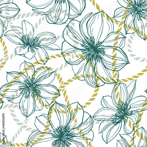 Abstract large flower buds in bloom mixed with twisted rope. Floral seamless pattern. Summer and nautical motif. Outline sketch drawing. Flat design  line art. Sophisticated botanical background.