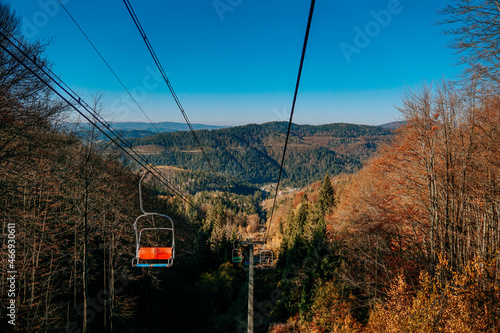 Ski lift in beautiful mountains. Mount Zakhar Berkut. Ukraine. Attractions. Autumn landscape in the mountains. Travel and nature concept photo