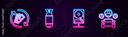 Set line Refund money, Aviation bomb, Hard disk drive sharing network and Car. Glowing neon icon. Vector