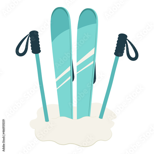 Mountain ski and stick in the snow. Hand drawn vector illustration isolated on white background