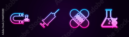 Set line Customer attracting, Syringe, Crossed bandage plaster and DNA research, search. Glowing neon icon. Vector