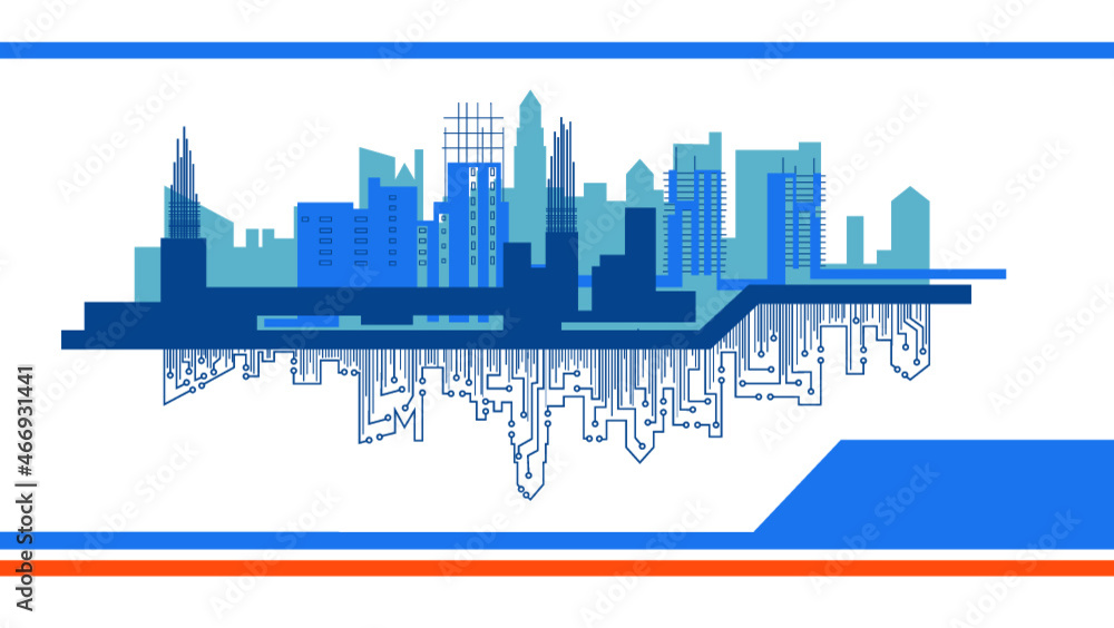 schematic silhouette of a city on a white background with reflection from microchips