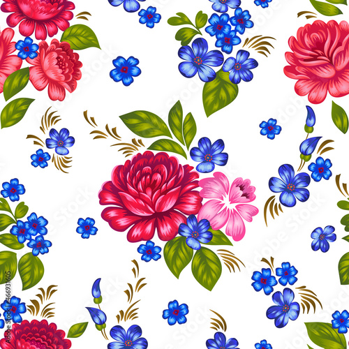 Floral seamless pattern in folk style. Colorful large roses isolated on white. Decorative summer botanical background for fashion prints, fabric, textile or bedding. Traditional Russian motif.