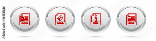 Set line DOC file document, MSG, ZIP and PDF. Silver circle button. Vector