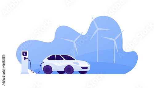 Electric car concept. Vector flat illustration. Vehicle connected by plug connector to charge staion with on blue sky background with wind powerplant. Design for ecology and transportation