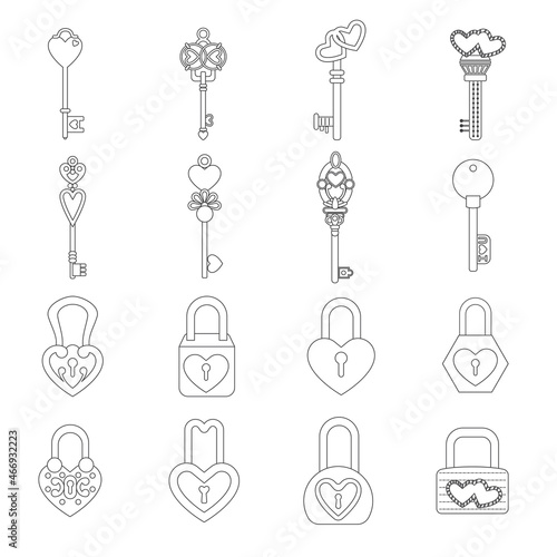Vintage Key and lock shaped heart icon set love concept of Valentine's Day.outline stroke.thin line. Vector, illustration.
